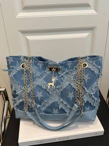 Fashionable Retro Large Capacity Crocodile Embossed Women Shoulder Tote Bag - Blue - View 1