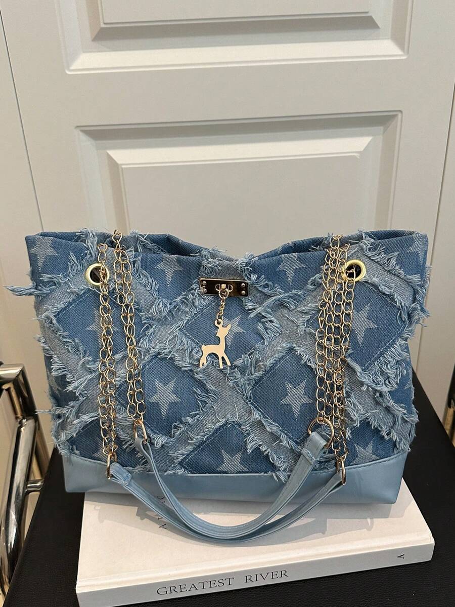 Fashionable Retro Large Capacity Crocodile Embossed Women Shoulder Tote Bag - Blue - View 1