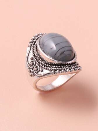 1pc Women's Fashionable Oval Striped Ring, Grey