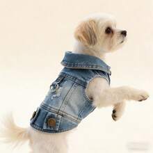 1pc Pet Teddy Dog Clothes, Spring/Summer Vest Harness Denim Jacket With Leash Buckle - Blue - View 6