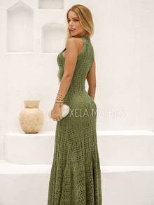 Vestido de Reveillon Tricô Feminino Rendado Forrado Flaire Verão Tricot Elegante - Verde Oliva - Visão 3