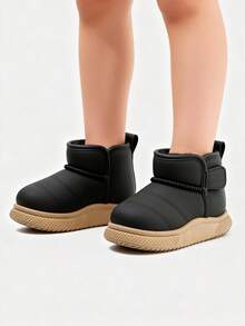 2025款黑色踝靴，适合3-12岁男孩女孩，合成革鞋面，保暖内衬，防滑耐磨鞋底，套穿式设计，平底百搭款式，儿童冬季雪地靴，上学、冬季郊游和圣诞节必备！ - 黑色 - 查看 2