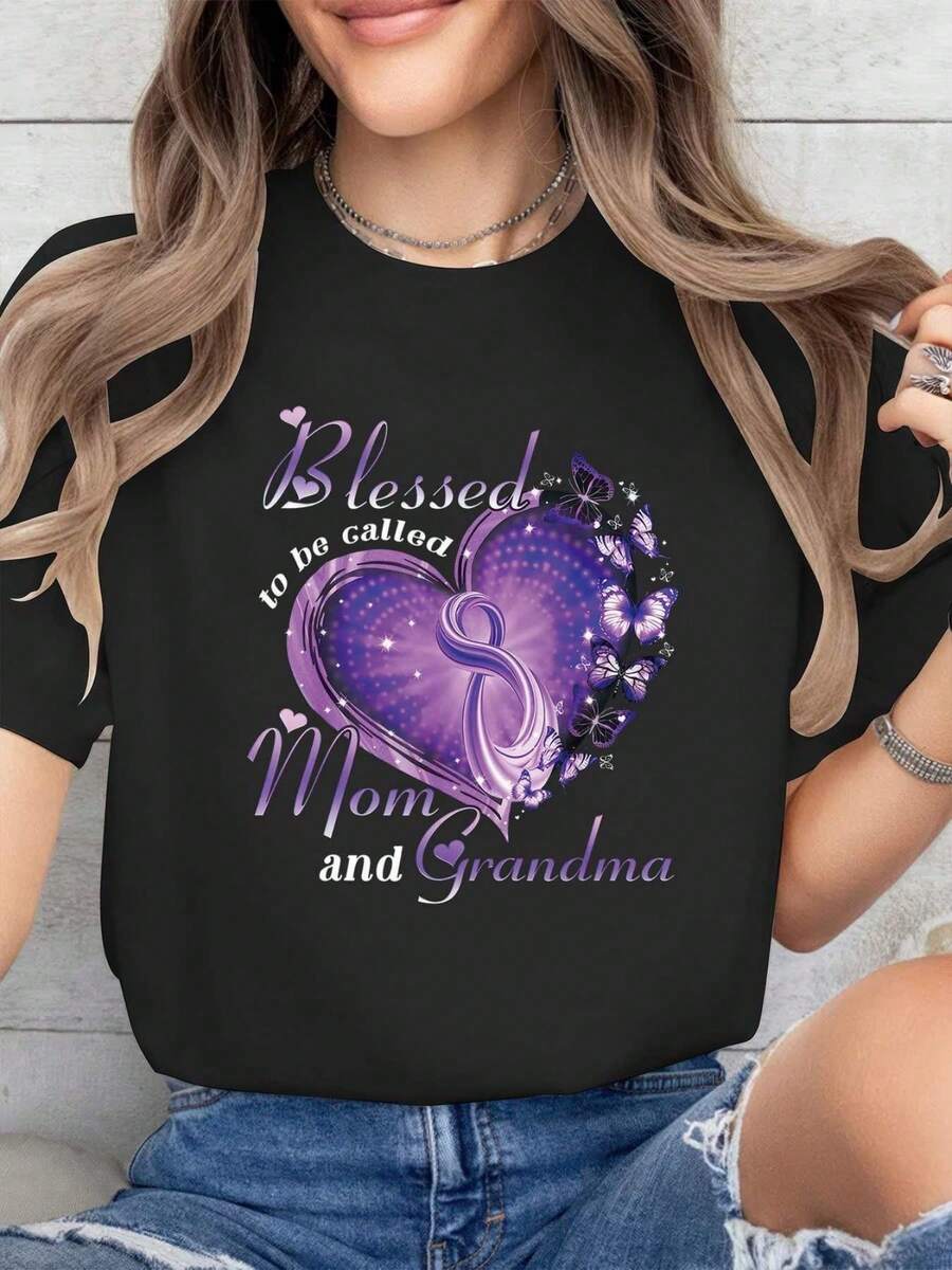 Mom Grandma Heart Graphic T-Shirt - Casual Crew Neck, Short Sleeve - màu đen - Xem 1
