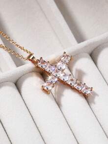 1 chiếc dây chuyền mặt thánh giá đính đá Cubic Zirconia thanh lịch, quà tặng cho nữ, trang sức cưới. - Vàng kim + trắng - Xem 5