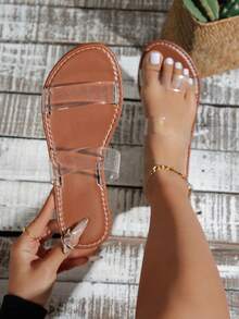 女士夏季平底凉鞋 - 棕色真皮凉鞋，透明鞋带，圆头设计，舒适休闲，适合日常穿着和海滩度假 - 棕色 - 查看 1