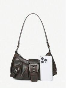 Y2K Vintage Soft Distressed Leather Motorcycle Bag With Rivet, Buckle, Pleated Cloud Decor, Shoulder/Underarm Bag, Suitable For Work, Commute, Date, Party, Street Bag For Women, Valentine's Day Purse Perfect For Fancy Party Valentine's Day Fashion & Gothic Fashion - 咖啡棕 - 查看 4