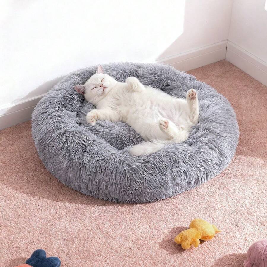 LIVINGANDHOME Living And Home 1 Piece Plush Material Donut Shape Soft Filling Calming Round Dog Cuddler Bed Suitable For Small To Medium Dogs Suitable For Home Bedroom Living Room Available In Light Grey Dark Grey Leather Pink White Gradient Grey White - 淺灰色 - 查看 1