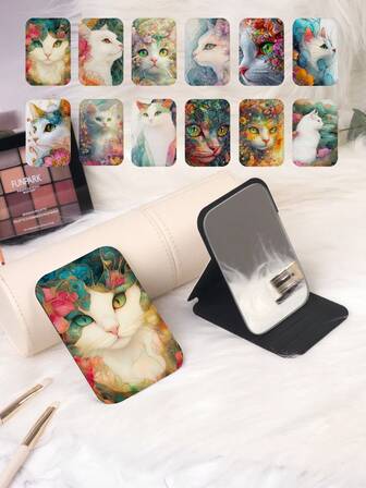 1 Peça Espelho de Vaidade Portátil da Série Gato, Espelho de Mão Dobrável Leve e Ultrafino, Couro PU Durável, Adequado para Múltiplas Cenas, Design Fofo de Gato e Floral, Estrutura Dobrável, Confiável, Portátil, Tampa Reversível 180°, Espelho de Maquiagem Multifuncional