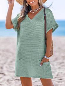 Women Crochet Beach Coverup Waffle Knit Loose Casual Wear V Neck Short Sleeve Dress Swimsuit For Women With Pockets - 薄荷綠 - 查看 3