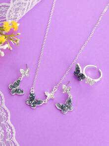 1 Set Elegante, Suave y Soñador Conjunto de Joyería con Colgante, Anillo y Aretes con Cristales en Forma de Mariposa para Mujeres - Multicolor1 - Ver 3