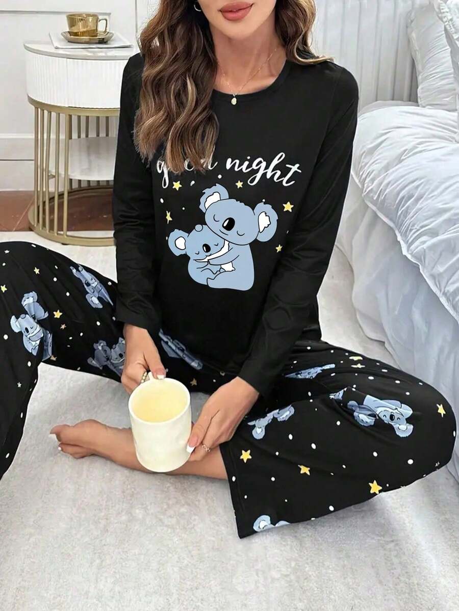 2pcs Cute Cartoon Print Pajama Set, Women Casual Loungewear