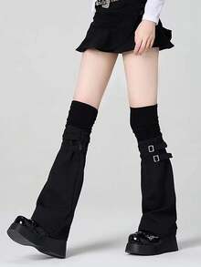 Premium Fake Two Piece Panel Over Knee Leg Warmers Edgy Layered Thigh High Socks Subculture Aesthetic Leather Buckle Detail Wide Leg Sheer Sock Sheath - 常規款 - 查看 8