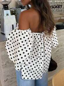 Buzzelle Blusa casual y holgada de estilo retro y de alta gama para mujer, con hombros descubiertos, de lunares y contraste de colores, adecuada para viajes y vacaciones - Blanco - Ver 6