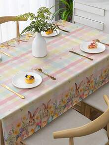 1 Stück - Sofort einsetzbare Ostertisch Dekoration - Rechteckige Tischdecke mit Hasen- und Eiermotiv für Feierlichkeiten, Mahlzeiten und Frühlingsdekoration im Esszimmer - Verschiedenfarbig - Übersicht 4