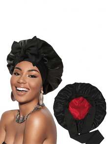 Black Satin Lace Bow Elastic Lightweight Shower Cap For Women & Girls - Multicolor - View 20