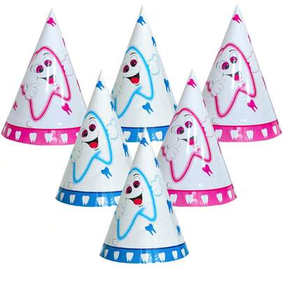 6pcs First Tooth Birthday Party Hats, Birthday Party Supplies, Cone Hats, Headbands, Colorful Paper Party Hats, Blue & Pink Tooth Design Welcome Party Hats