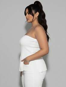 Plus Size Women's Tube Top With Side Slits High Stretch Ribbed Knit Strapless Tunic For Summer Casual Wear - 白色 - 查看 2