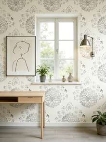 1卷44厘米灰色曼陀罗图案壁纸，波西米亚风格，可移除PVC壁纸，采用现代中性自粘设计。适用于橱柜装饰、卧室装饰、带自粘贴纸的墙板以及传统壁纸应用。 - 彩色 - 查看 5