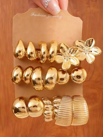 2/6/18pcs Gold Tone Earring Set - Featuring Chic Spiral & Ruffle C-Shaped Hoops, Paired With Glossy Dome & Teardrop Stud Earrings, Versatile Jewelry For Daily Wear & Parties