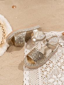 1 par de sandalias planas de verano para niñas con suela gruesa, estilo minimalista de moda, de color dorado, con punta abierta, antideslizantes para uso en exteriores y playa - Dorado - Ver 2