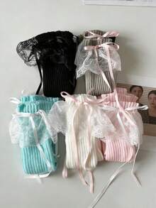 1 Pair Ballet-Style Lace Bow Knitted Leg Warmers, Japanese Sweet Girl Ribbon White Thigh High Leg Warmers, Y2K Subculture Plaid Slim Long Leg Warmers