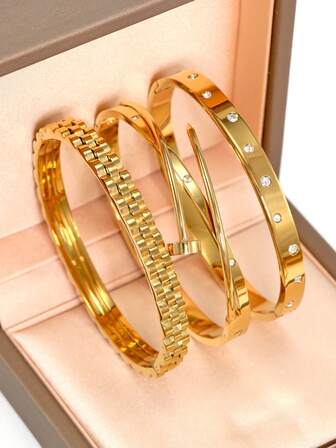 กำไลข้อมือสแตนเลสชุบทอง 18K, เหมาะสำหรับสวมใส่ในชีวิตประจำวันของผู้หญิง, สไตล์การออกแบบหลายองค์ประกอบแบบยุโรปและอเมริกาคลาสสิก, เครื่องประดับพลอยเทียมหรูหราส่วนบุคคล, ชุดเครื่องประดับงานแต่งงาน, เด็กผู้หญิง, ผู้หญิง, คุณแม่, ญาติ, เพื่อน, งานแต่งงานที่สวยงาม, วันเกิด, วันวาเลนไทน์, ของขวัญวันแม่