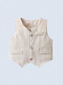 BOARNSEORL 3pcs Baby Boys Gentleman Outfit Set - White Long Sleeve Shirt With Bow Tie, Plaid Vest, And Pants, Fashionable & Cute, Suitable For Birthday Party, Family Gathering, Evening Event - Apricot - View 6