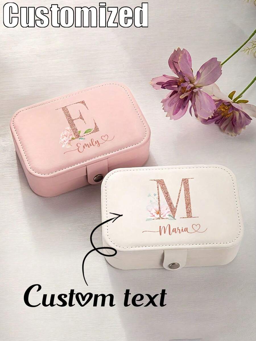 1pc Customized Jewelry Box For Valentine's Day, Bridesmaid Jewelry Box, Can Print Name And Initial, Elegant PU Leather Women's Jewelry Box, Suitable As Valentine's Day Gift, Wedding Gift, Anniversary Gift, Large Capacity Jewelry Box To Store Necklaces, Bracelets, Earrings, Etc. - Multicolor - View 1