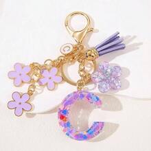 Llavero de Moda Letra Inicial, Llavero con Inicial de Resina, Dije para Bolso Mochilas, Regalo Personalizado para Mujer - Morado + C - Ver 3