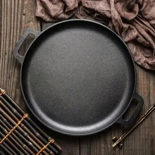Cast Iron Pizza Pan - Double Large Handles Design, Non-Stick, Suitable For Stovetops Or Campfires. Durable With Even Heat Distribution, Multi-Functional Cast Iron Frying Pan, Perfect For Making Pizza, Grilling And Baking Bread. - 黑色 - 查看 1