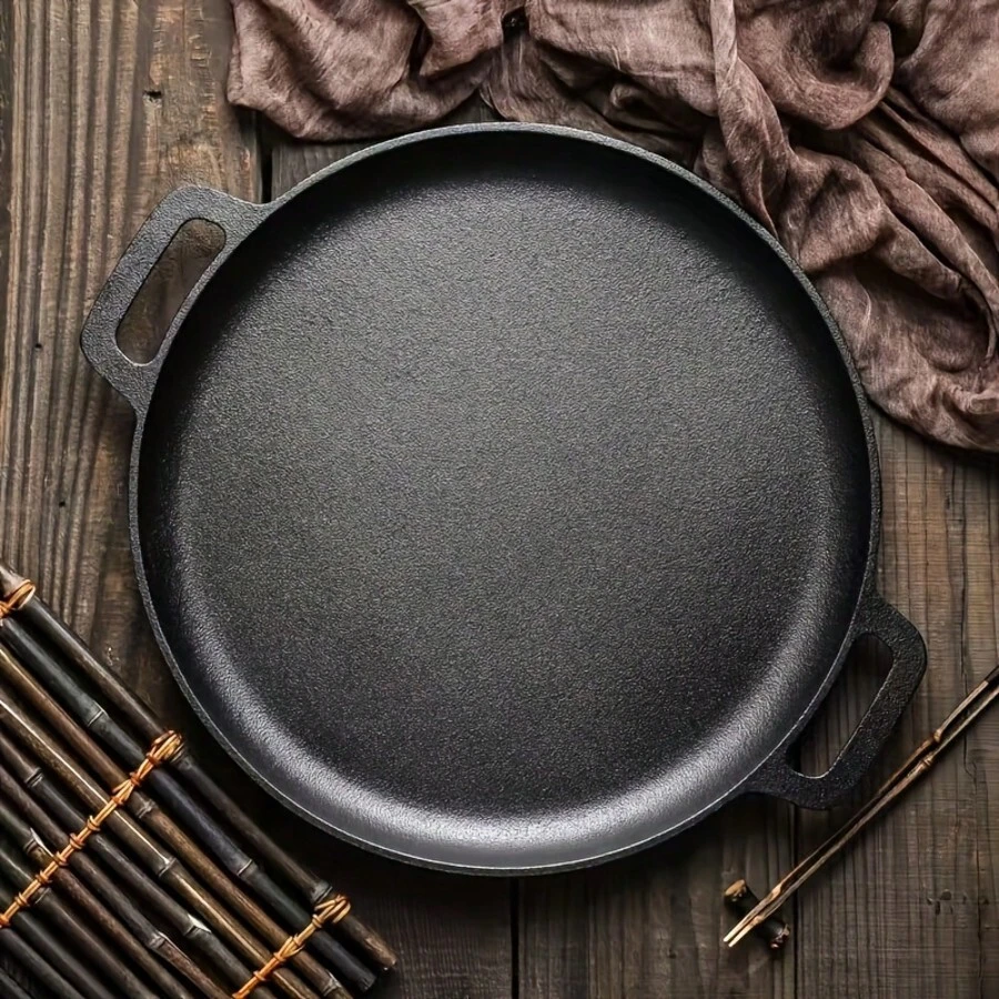 Cast Iron Pizza Pan - Double Large Handles Design, Non-Stick, Suitable For Stovetops Or Campfires. Durable With Even Heat Distribution, Multi-Functional Cast Iron Frying Pan, Perfect For Making Pizza, Grilling And Baking Bread. - 黑色 - 查看 1