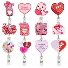 1pc Valentine's Day Gift Heart Shaped Retractable Badge Reel, Nurse/Doctor ID Card Holder - Multicolor - View 2
