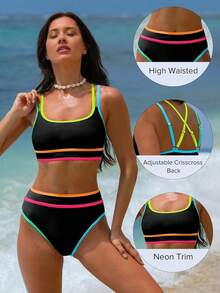 2026 Womens High Waisted Bikini Sets Color Block Two Piece Swimsuit Square Neck Crisscross Back Bathing Suit Swimwear Beachwear - 黑色 - 查看 6