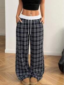 Classic Plaid Contrast Color Waistband Drawstring Straight Leg Loose Pants, Lightweight, Casual, Suitable For Spring/Summer, Can Be Worn Outdoors - Multicolor - View 1