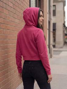 DEVIT - Sudadera con Capucha Crop Recortada de Mujer, Cremallera Frontal Completa y Cordones, Manga Larga, Casual, Moda Deportiva, Ajuste Holgado, Invierno, Otoño, Colores Negro, Oxford, Camel, Fiusha, Verde Militar y Lila. - Rosa Fucsia - Ver 7