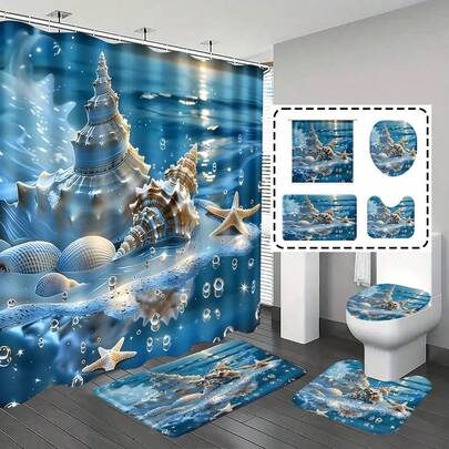 1件/4件套浴室浴帘套装，浴帘套装，浴室装饰，浴室地毯，家居装饰，浴垫，海洋主题，海星和贝壳图案，礼品，海洋主题装饰，浴室套装，配有12个挂钩