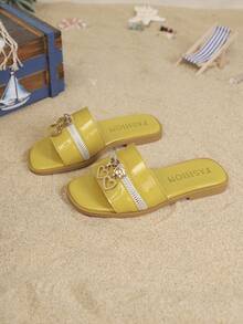 1 Pair Children's Minimalist PU Flat Casual Slippers, Suitable For Summer - Yellow - View 5