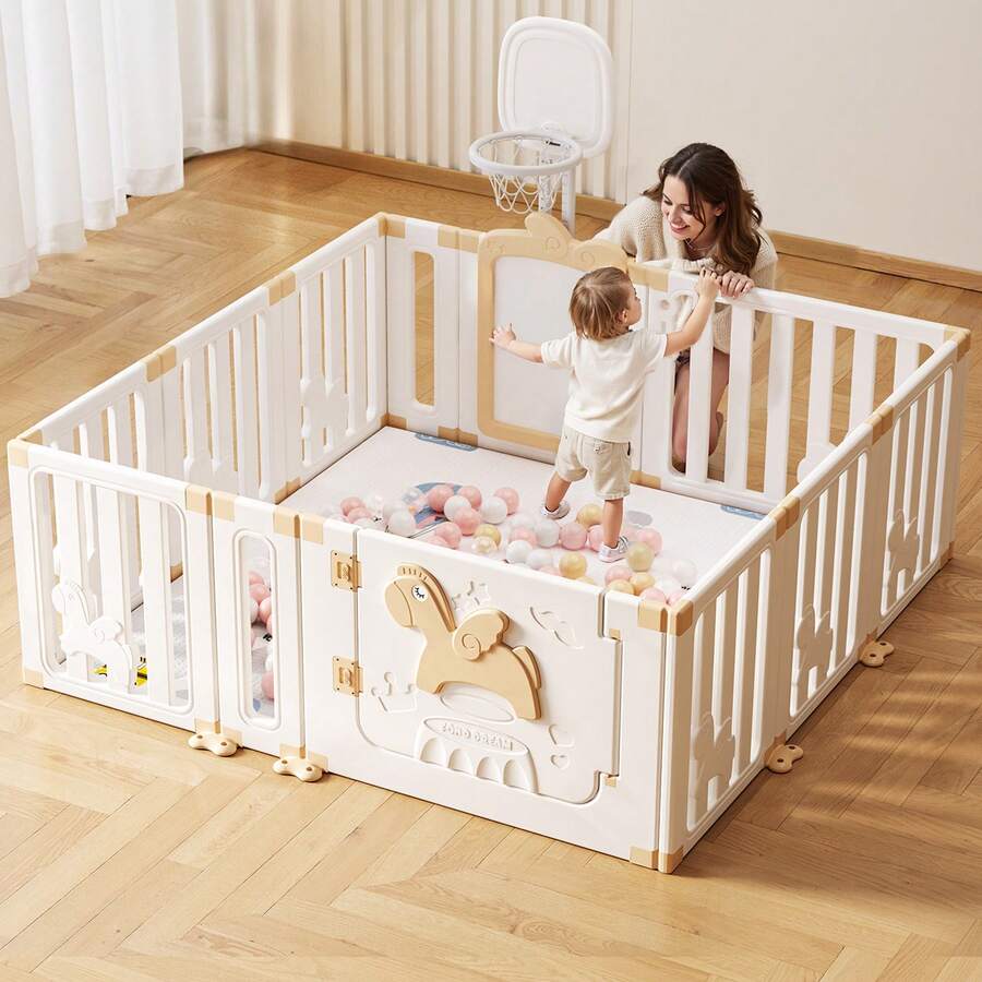 Piorlado Multifunktionaler Kinderlaufstall mit Basketballkorb & Whiteboard, Engelspferd Sicherheitsspielplatz mit 30 bunten Bällen, Indoor/Outdoor Activity Center (Weiß, 12 Panels) - Weiss - Übersicht 1
