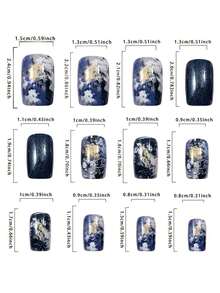 24片星夜银河深蓝色大理石纹短款按压式美甲贴片，带金色亮片和闪亮闪粉 - 寶藍色 - 查看 4