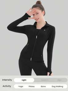 Women's Stand Up Collar Zipper Long Sleeved Thumb Hole Minimalist Fashion Sports Jacket Casual Sports Slim Zipper Pocket Jacket, Spring And Autumn Women's Clothing - 黑色 - 查看 5