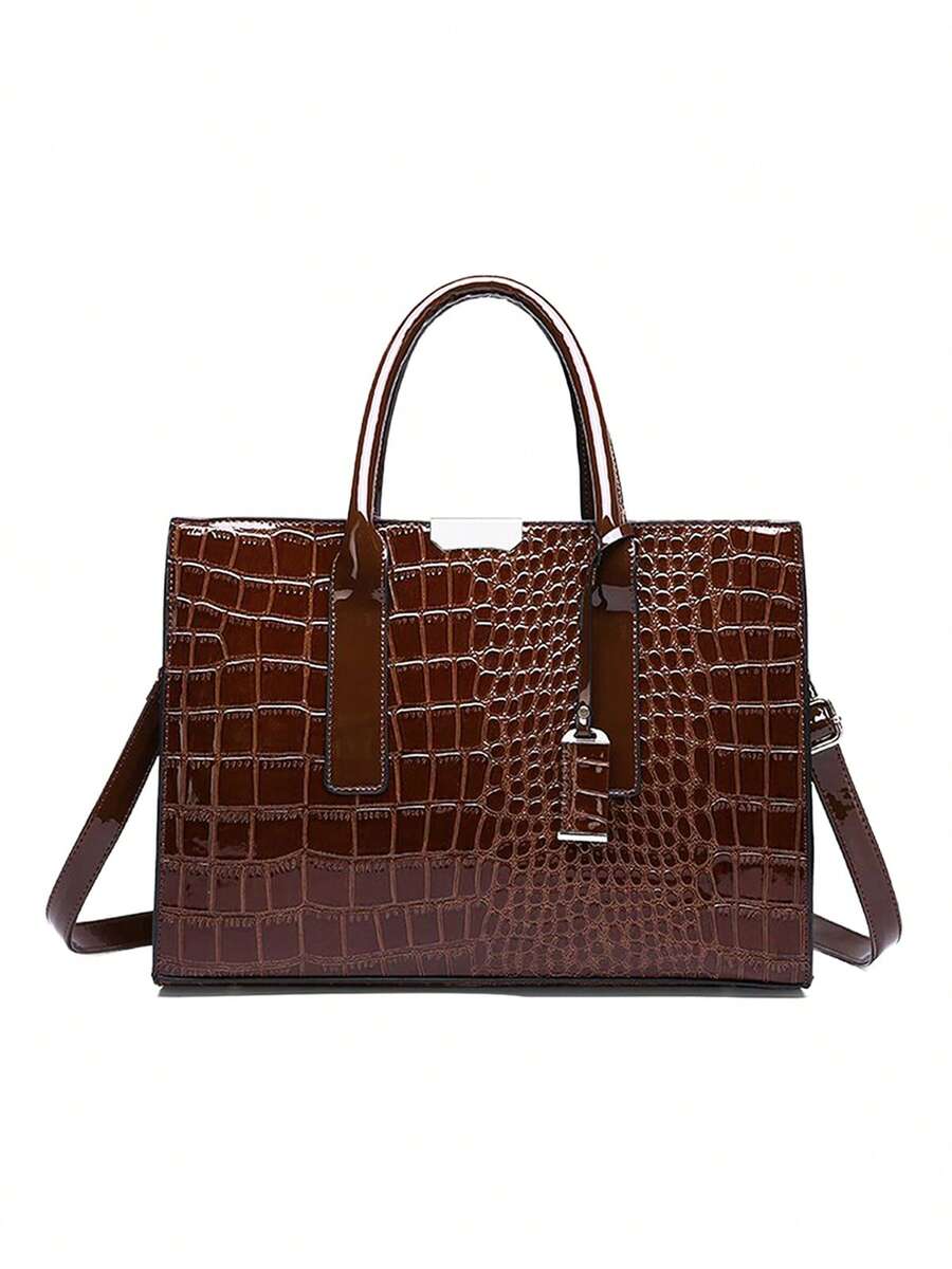 Womens Crossbody Purse With Adjustable Strap PU Leather Crocodile Pattern Tote Bags Elegant Top Handle Shoulder Bag For Party And Gifts - 棕色 - 查看 1