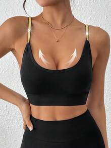 LianShengFa 1pc Seamless Ribbed Crisscross Strap Racerback High Impact Sports Bra, Removable Padded, Soft & Breathable Yoga Crop Top, Sparkling - Black - View 3
