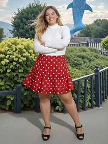 Women's Plus Size Skirt Stylish Dot Print High Waist Ruffled Hem A Line Skirt For Spring/Summer - Đỏ - Xem 4