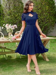MIUSOL Floral Lace High Neck Side Ruffle Chiffon Cocktail Party Swing Dress - Navy Blue - View 11