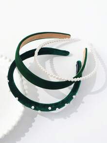 3pcs Versatile Elegant Velvet & Pearl Sponge Headbands Set, Suitable For Various Occasions - Dark Green - View 5