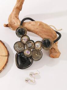 夸张的多层树脂吊坠，手工铝线编织串珠项链和耳环套装，时尚复古波西米亚风格，适合派对、婚礼、节日等场合。 - 黑色 - 查看 4