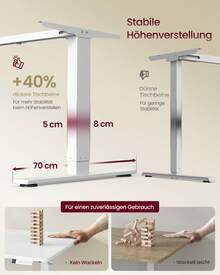 VASAGLE Höhenverstellbarer Schreibtisch, 140 x 80 cm, USB-C-Anschluss, Ablage für Steckdosenleiste, Stehtisch, Erinnerung bei langem Sitzen, 3 Speichertasten - Mattweiß - Übersicht 4