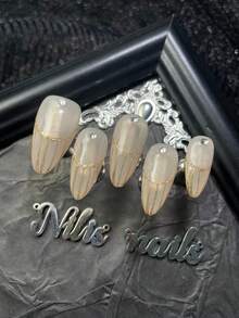 10片杏仁形亚克力美甲套装，杏色甲片，3D彩色钻石美甲配件，手绘几何图案，Y2K风格可佩戴美甲套装，适合女性和女孩在假期、日常、聚会、派对等场合佩戴。套装包含1个迷你指甲锉和1个双面胶标签。 - 杏色 - 查看 6