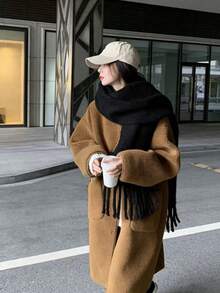 1件装女士秋冬蓬松流苏围巾，保暖舒适大披肩，冬季围巾，户外防风披肩，简约百搭日常服饰 - 黑色 - 查看 4