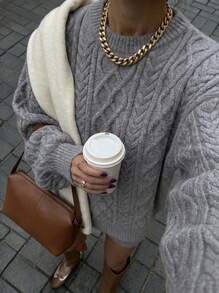 Buzzelle 秋冬季圆领加厚长袖宽松女式毛衣新款休闲罗纹保暖灰色简约套头衫日常百搭时尚圣诞节通勤针织衫新年冬季 - 灰色 - 查看 1